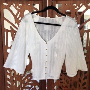 Flare sleeve sheer white button up blouse